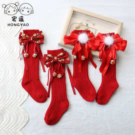 款ins儿童西班牙圣诞袜秋冬红蝴蝶结加厚毛线宝宝袜中筒袜子