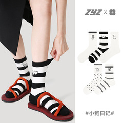 文藝復興原創女襪春季黑白圓點中筒襪精梳棉可愛小狗經典款襪子女