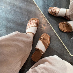方頭夾趾拖鞋女外穿2023夏季新款沙灘鞋子平底人字涼拖鞋