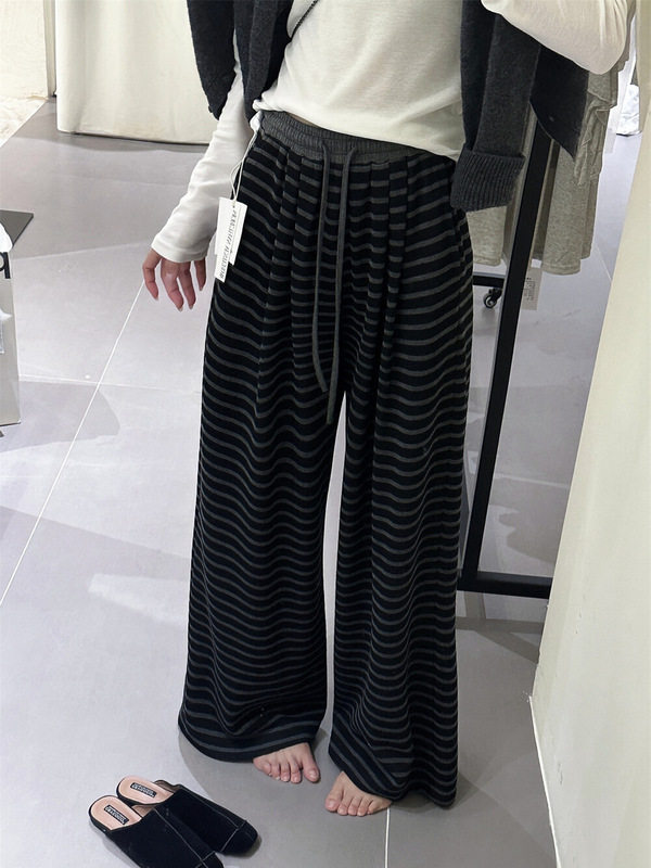 慵懒条纹休闲阔腿裤女2025秋季新款设计感宽松高腰垂感直筒裤|undefined
