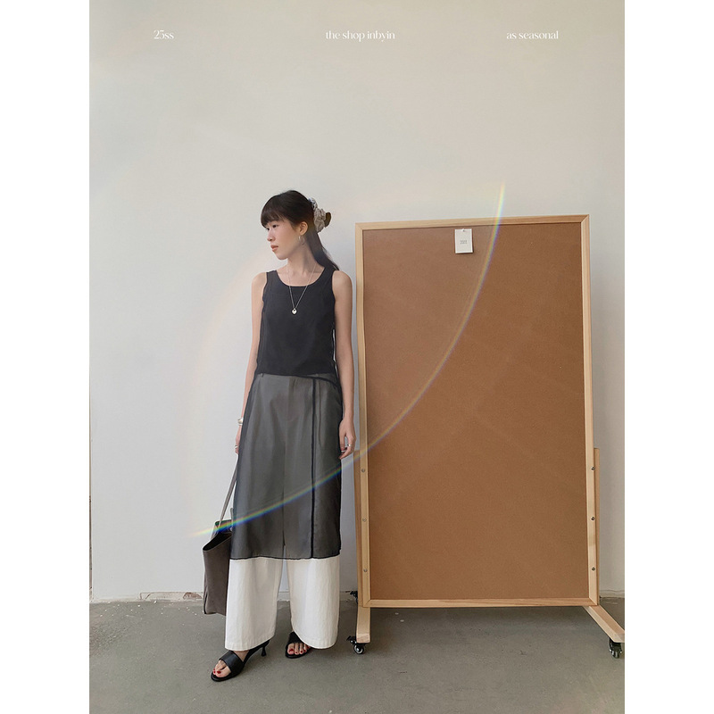 [No Return or Exchange] Atmospheric See-Through Suspender Skirt Layered Slit Mid-Length Skirt Women's Korean Style Sleeveless Dress
