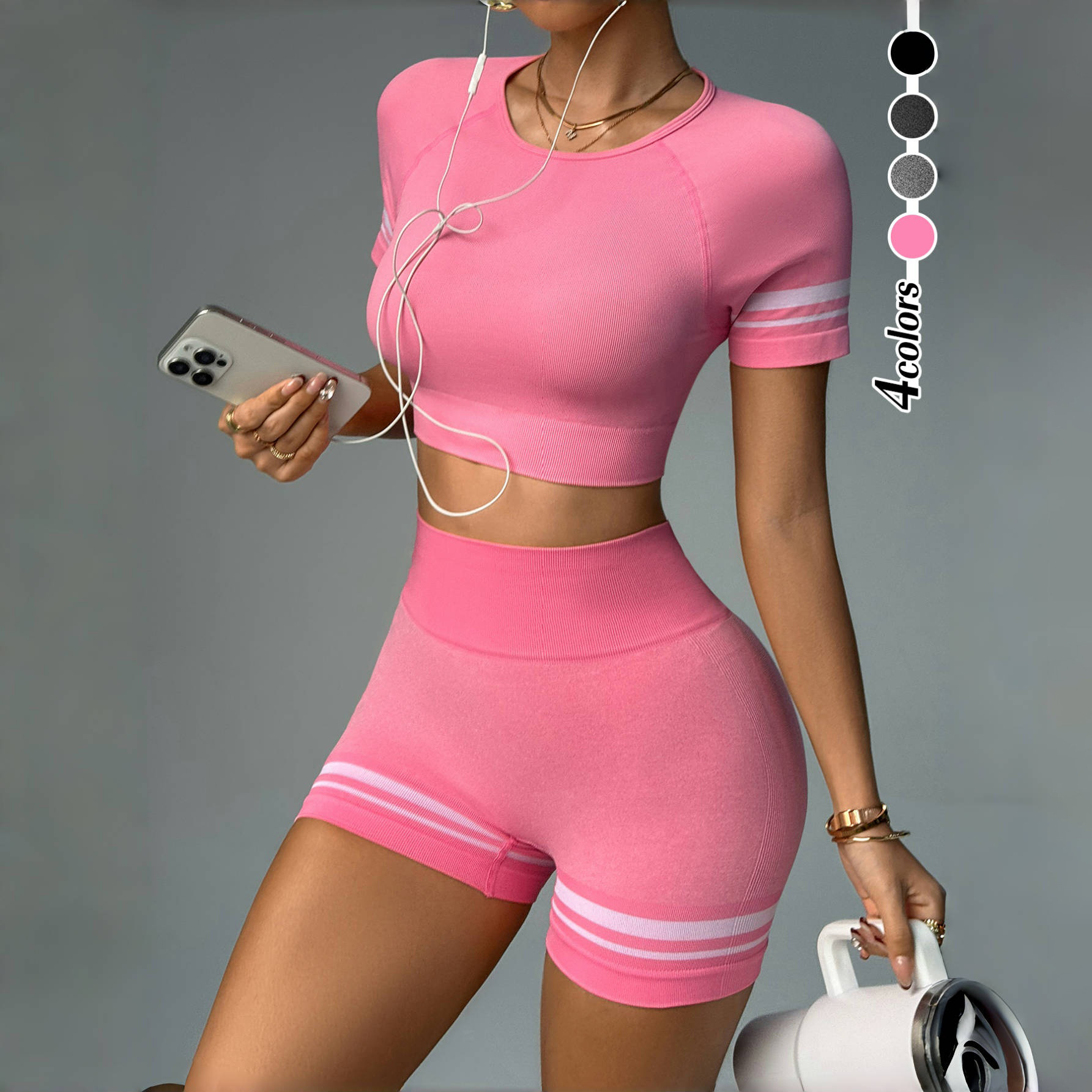 Cross-Border European and American Seamless Color-Blocked Yoga Suit with Belly Button Leaking Short-Sleeved Women's Butt Lifting Fitness Running Sports Shorts for Women