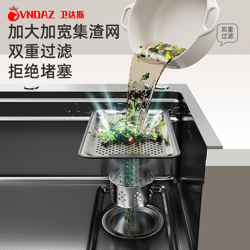 304不锈钢厨房水槽大单槽双重滤渣家用洗碗槽米粒压纹台中洗菜盆|undefined