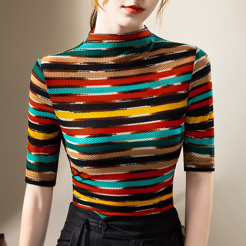 Half-Turtleneck Base Shirt for Women 2025 Color-Block Striped Mid-Sleeve T-Shirt Mesh Top 2026 Spring Trend Half-Turtleneck Base Shirt for Women 2025 Color-Block Striped Mid-Sleeve T-Shirt Mesh Top 2026 Spring Trend