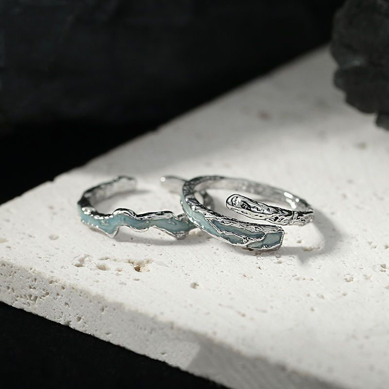 Bagues de couple Sunrise Wave et Love, bague d'index irrégulière à texture menthe Self-Control, anneau ouvert_voghion.com