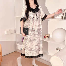 W2F实拍~皱布泡泡棉睡裙女款夏季短袖甜美风2025新款夏天孕妇睡衣