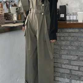 网红收腰背带裤女学生韩版宽松显瘦春秋2025新款吊带连体阔腿裤潮