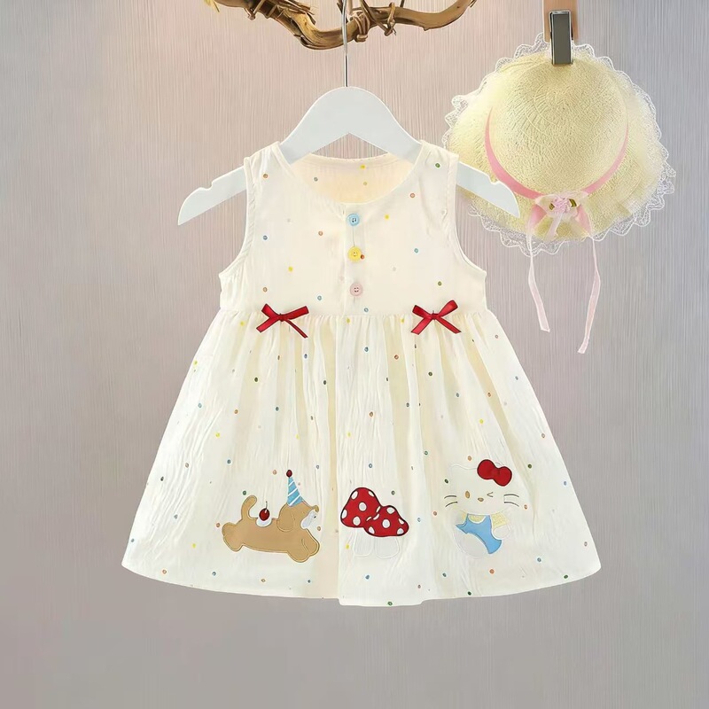 Girls' Summer Dress 2026 New Style Little Girl's Stylish and Cute Polka Dot Summer Cartoon Sleeveless Dress
