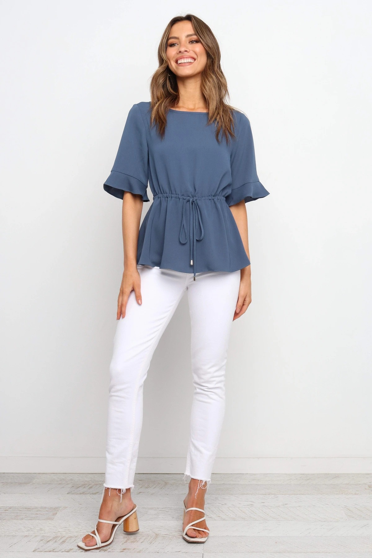 round neck waist tie solid color blouse  NSYD36530