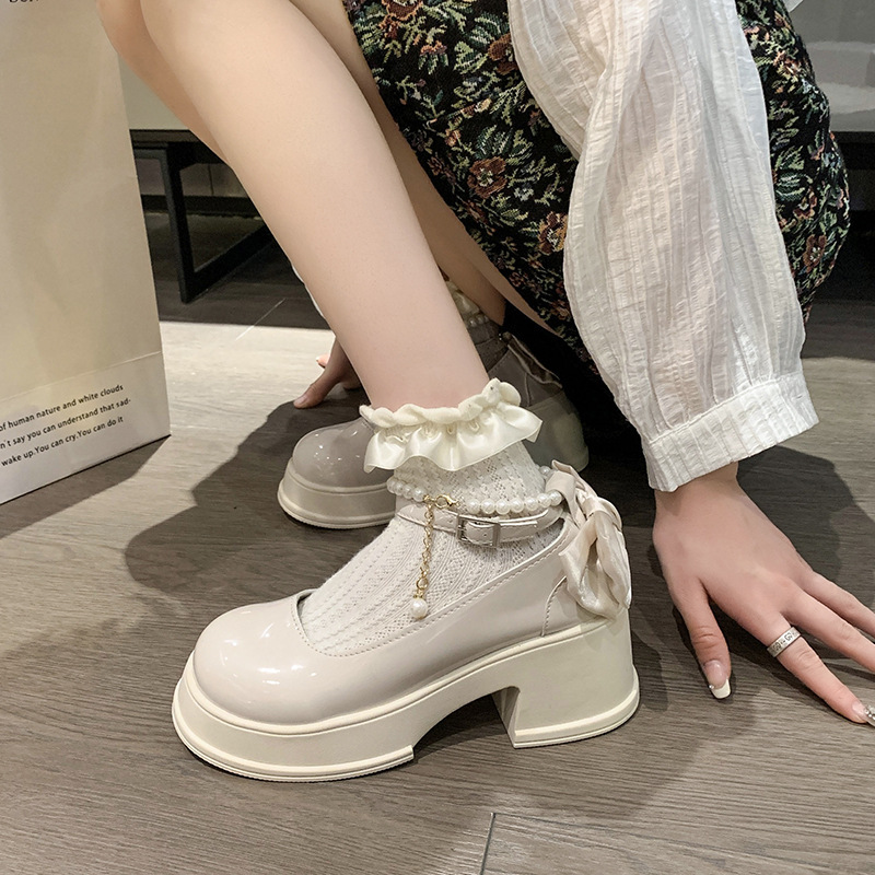 High Heels Mary Jane Women's 2025 New Round Toe Thick Heel White Pearl Bow with Skirt Thick Sole Shoes