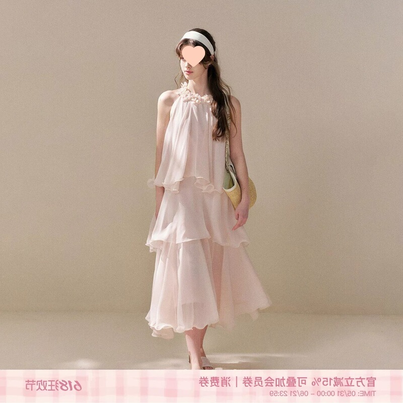 Chen Yao's Same Style Three-Layer Chiffon Dress with Three-Dimensional Flowers, Long Vacation Halter Neck Dress, Sheer French-Style Dress Chen Yao's Same Style Three-Layer Chiffon Dress with Three-Dimensional Flowers, Long Vacation Halter Neck Dress, Sheer French-Style Dress