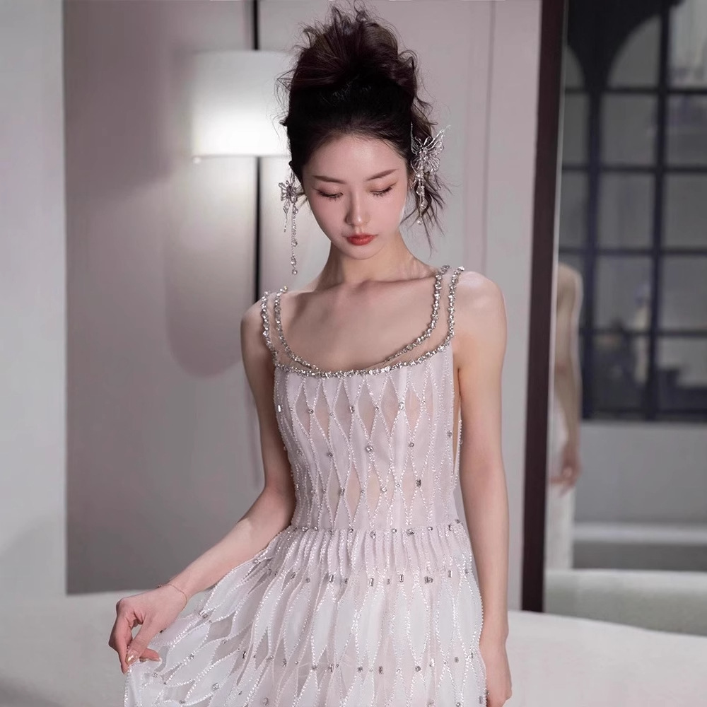 Women's Evening Dress, Light Luxury, Rhinestone-Embellished, French-Style Spaghetti Strap, Slimming Dress, Sleeveless, High-End Birthday Party, Annual Meeting Dress