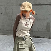 Y2K欧美秋季新款星星贴布个性街头辣妹上衣撞色长袖圆领女装T恤