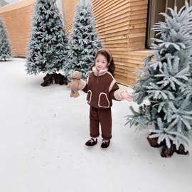 2025秋冬新款儿童女童加绒保暖羊羔毛棉服外套棉裤套装潮流两件套