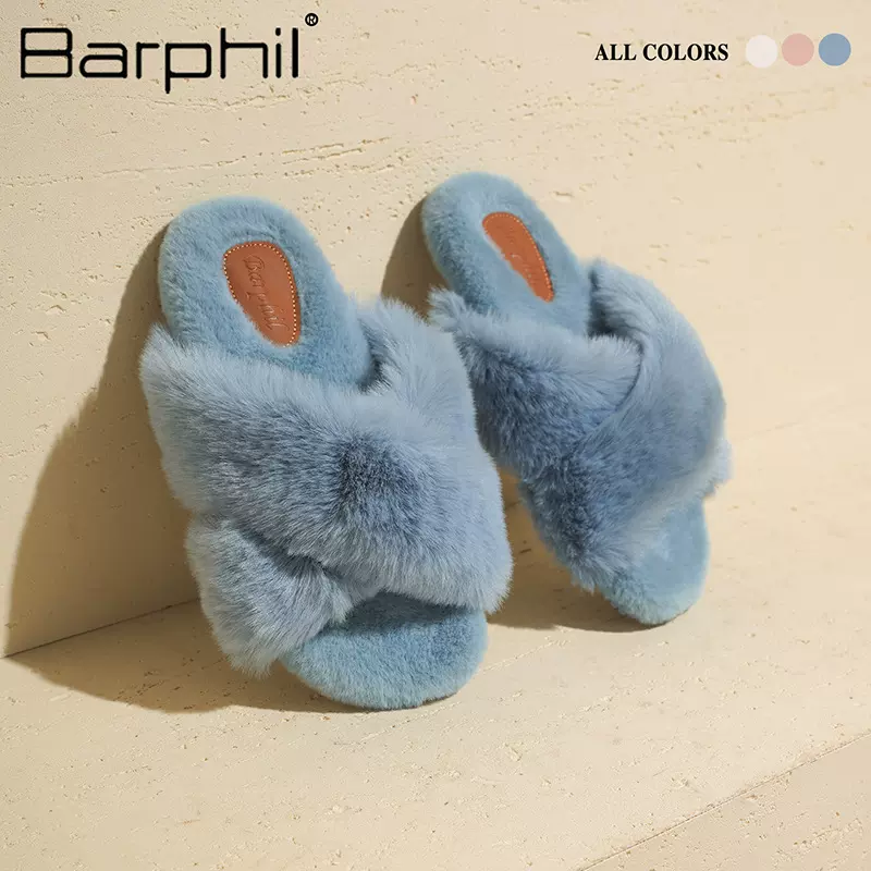 Barphil毛毛拖鞋女秋冬季交叉带棉拖鞋高跟保暖加绒防滑耐磨外穿