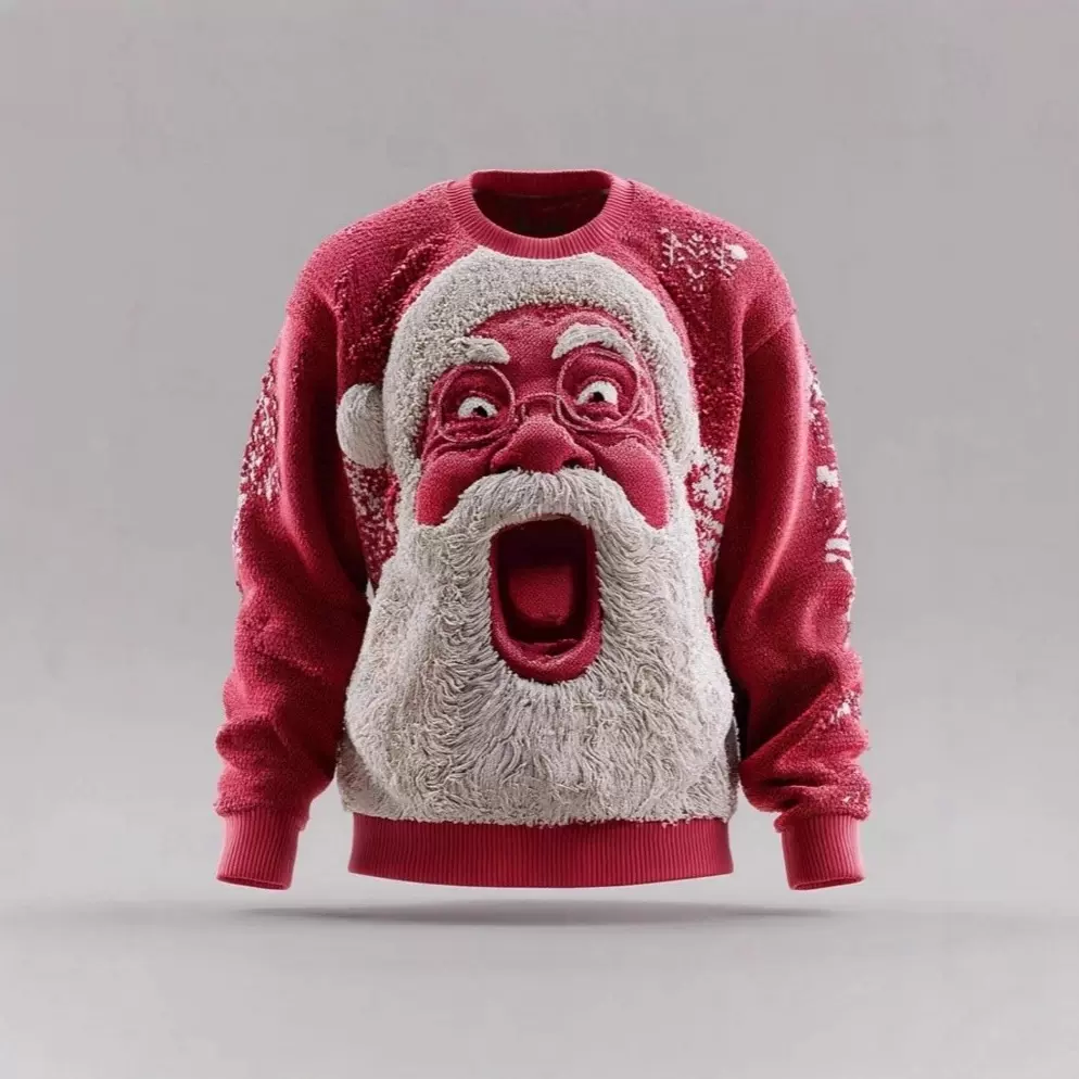 粗针抽条印制logo欧美风秋冬款3D数码印花套头搞怪圣诞老人毛衣