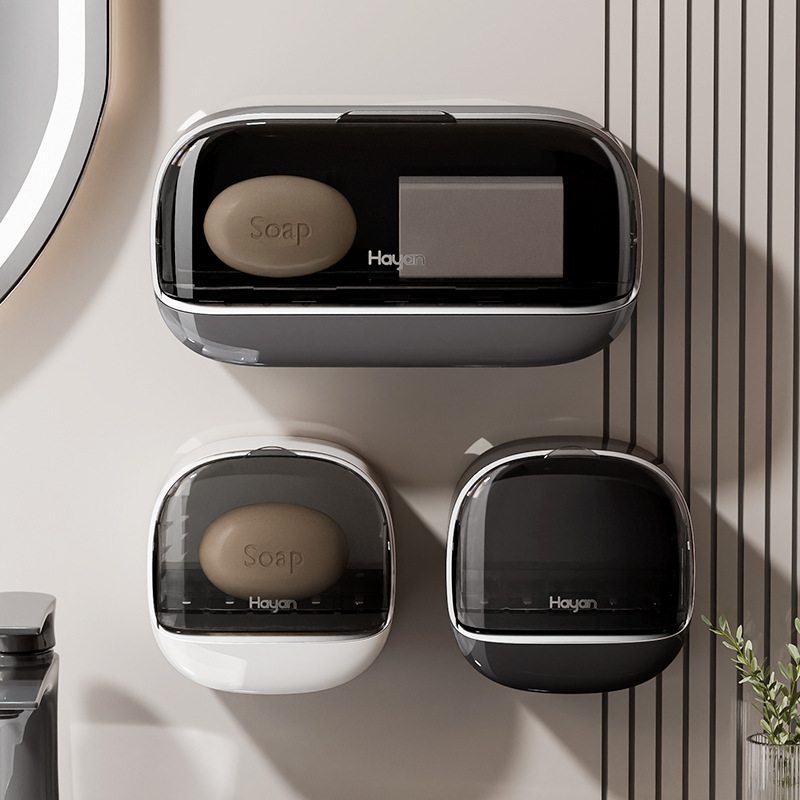 Caja de jabón doble cuadrícula con tapa de flip sin agujeros de perforación tipo caja de jabón de drenaje de agua colgada en la pared caja de almacenamiento de lujo ligero de alta calidad para el baño