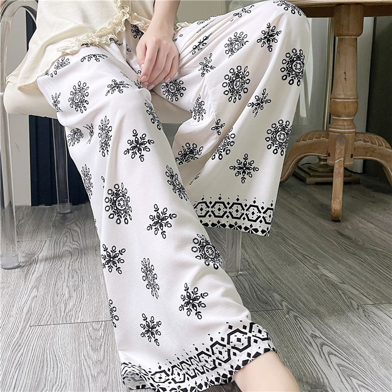 Pantalones de pijama de seda de algodón para mujer Pantalones de pierna ancha casuales impresos de dibujos animados delgados de verano las mujeres embarazadas pueden usar pantalones de comercio exterior pantalones de una sola capa