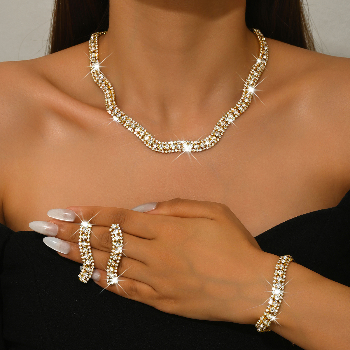 Eu Environmentally Friendly Jewelry High-End Wedding Dress Rhinestone Jewelry Asymmetrical Necklace Earrings Bracelet Set