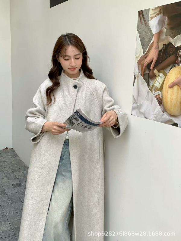 羊毛大衣女濮院秋季立领系带双面呢高级感加长款韩版纯色毛呢外套|undefined