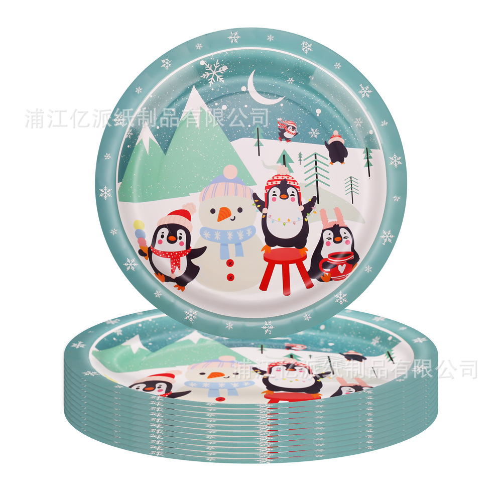Tema de Navidad Muñeco de nieve azul pingüino juego de vajilla desechable bandeja de papel vaso de papel toalla de papel suministros de decoración de fiesta