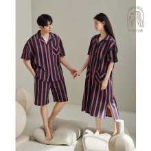 妮狄娅情侣纯棉条纹睡衣夏季新款睡裙高级感短袖可外穿家居服套装