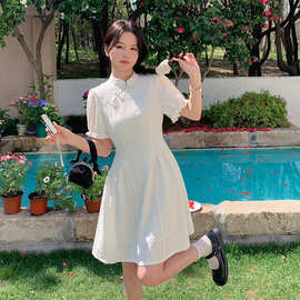改良旗袍白色连衣裙女夏季2024新中式复古甜美显瘦中长款裙子