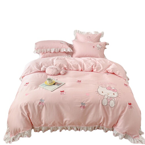 Girly heart 60 count long-staple cotton four-piece set 100% cotton pink Kitty cat patch embroidered lace quilt cover bedding