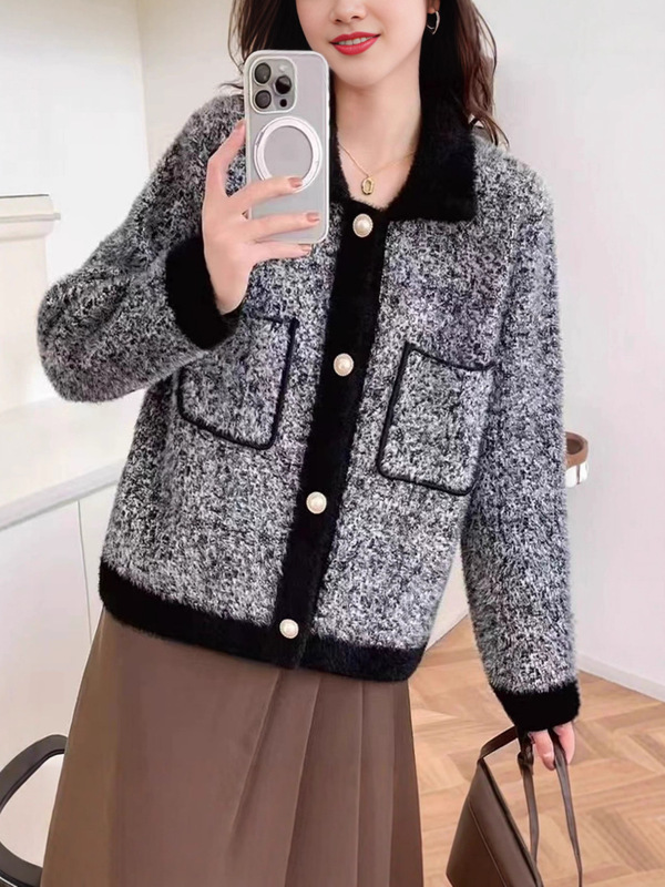 拼色针织衫开衫女秋冬韩版仿水貂绒小香风口袋宽松毛衣外套上衣|undefined