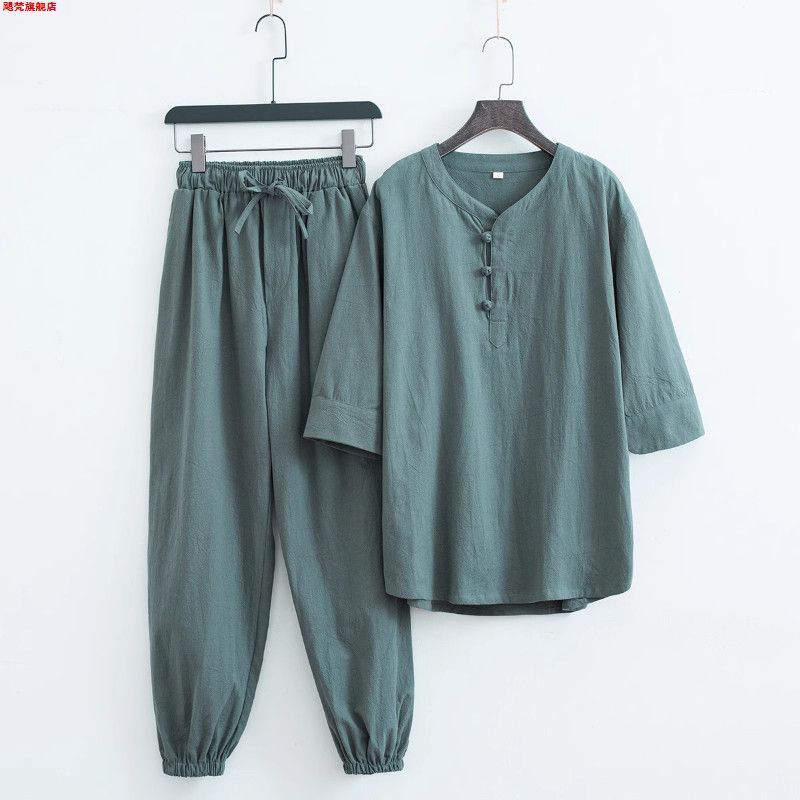Lay Buddhist Robe, Men's Chinese Style Buddhist Zen-Inspired Plain Clothing Set, Cotton Linen Taoist Robe, Buddhist Worship Clothes, Zen Robe, Women's Zen Meditation Tang Suit