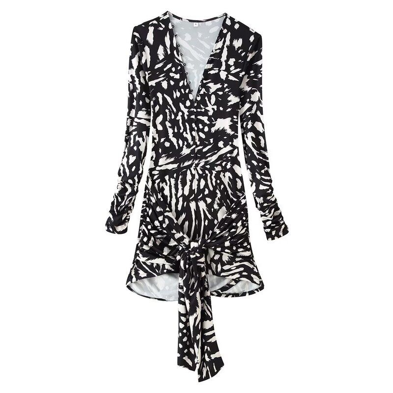 New Summer Women's Fashion Dress in European and American Style, Slimming, with Button Decoration, Elastic Wrap-around, Tie-up, Long-sleeved Dress New Summer Women's Fashion Dress in European and American Style, Slimming, with Button Decoration, Elastic Wrap-around, Tie-up, Long-sleeved Dress