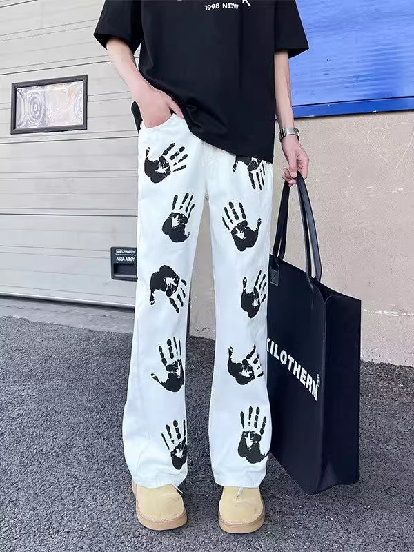 手掌印花牛仔裤男生薄款美式高街vibe嘻哈裤子潮牌痞帅直筒微喇裤|undefined