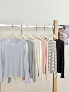 Spot Tencel Modal light base shirt women's mulberry silk wool round neck top long-sleeved T-shirt slightly see-through