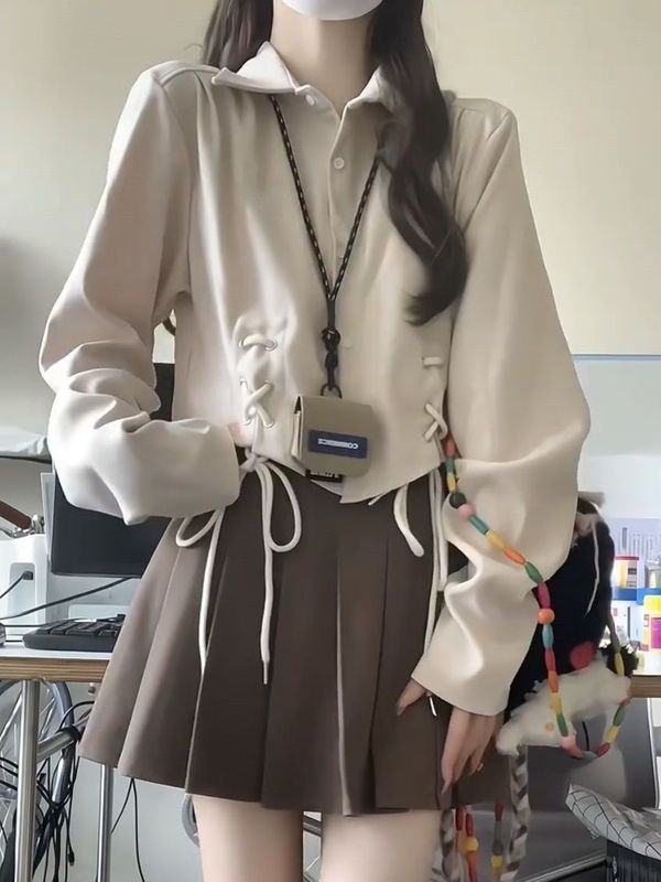 两件套装女 秋季新款学院风绑带长袖衬衫上衣女+百褶短裙休闲套装|undefined