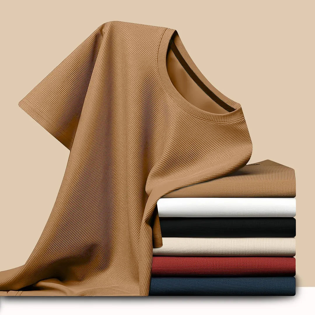 男装华夫格短袖T恤后包领纯色夏季体恤衫上衣透气中青年男士打底