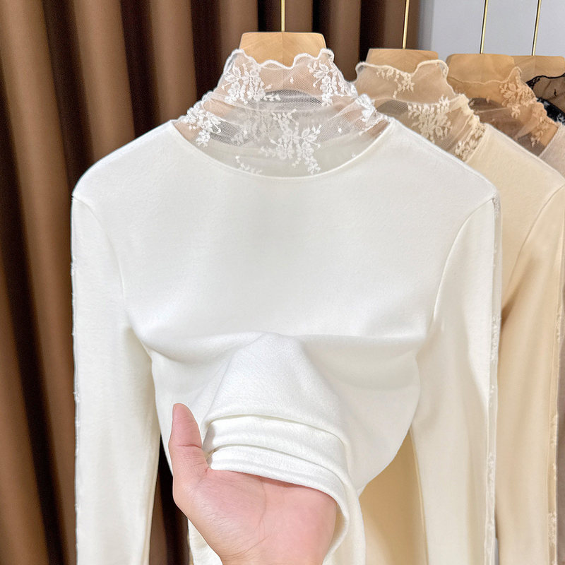 Brushed Cotton Regular Style Lace Base Shirt for Women, New Autumn and Winter High-Neck Long-Sleeve Top with Ruffled Collar, Stylish Slim-Fit Inner Wear