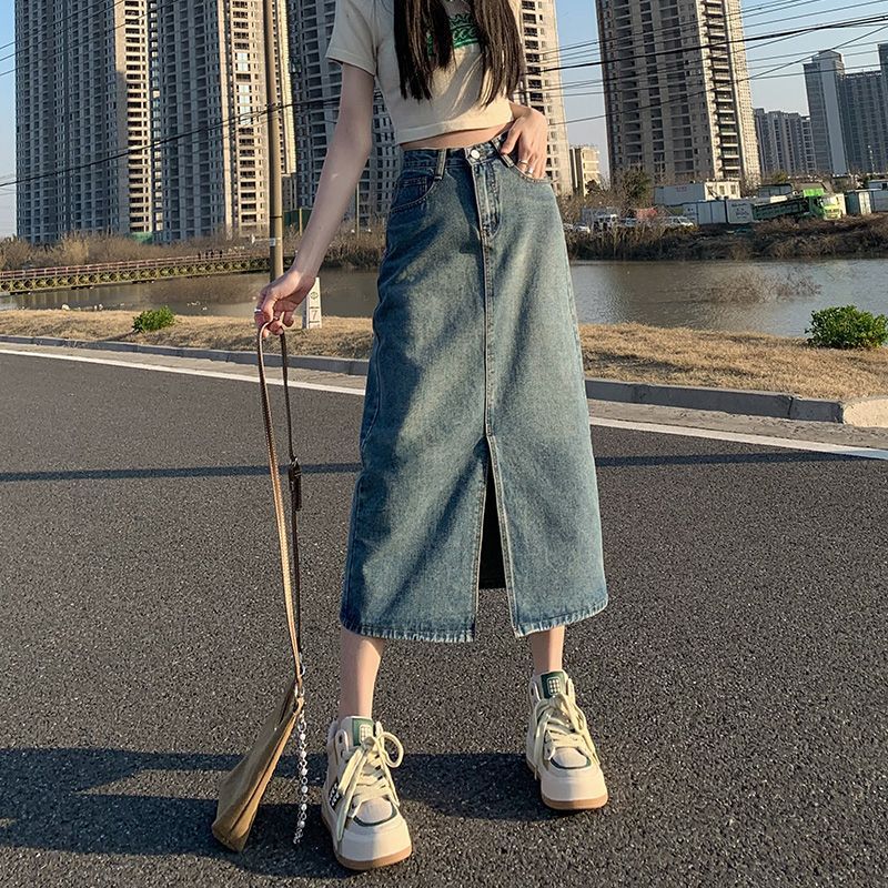 デニムスカート女性の春ハイウエストヒップスカート 2025 新しいレトロストレートルーズ A ラインミッドレングススカート|undefined