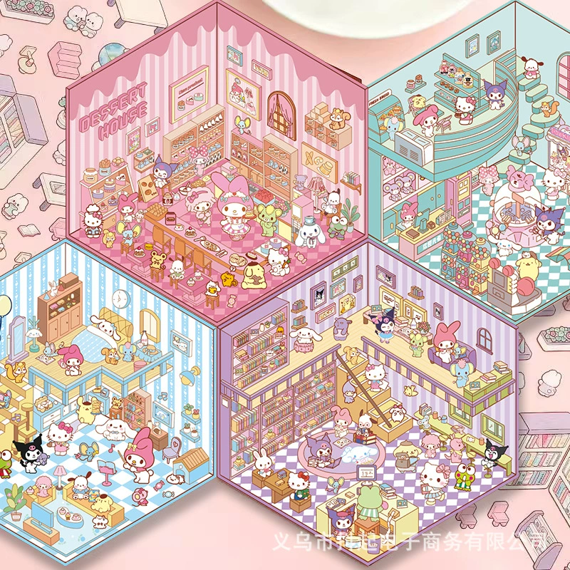 Набор 3D-наклеек (Sanrio) мини-сценки, Hello Kitty и друзья, многоразмерные 12.5×19 / 12×17.8 см