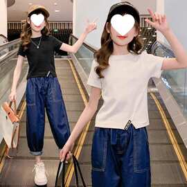 女童开叉短袖体T恤短款2026夏季新款中大童韩版洋气棉夏款上衣