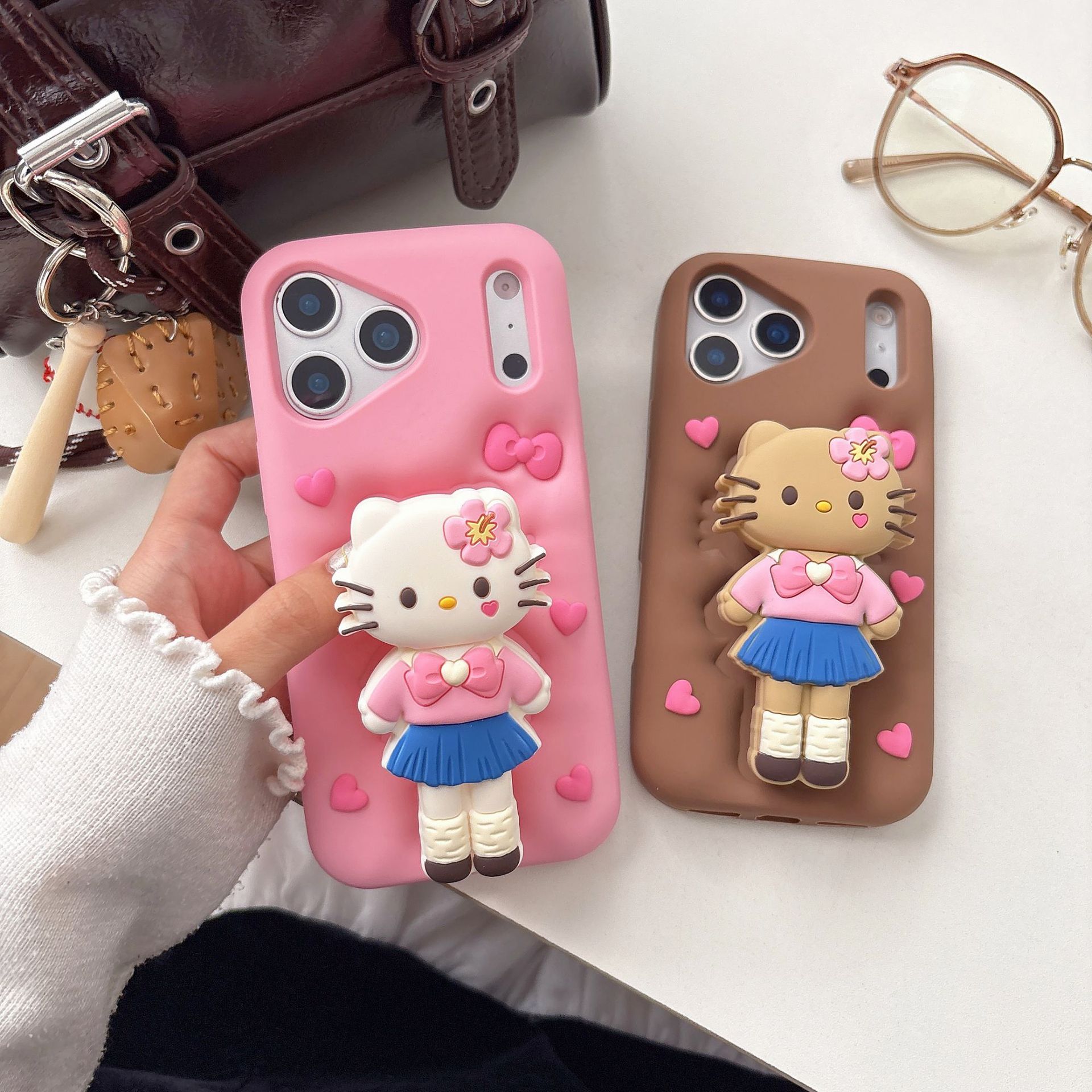 创意长腿小花猫粉棕硅胶适用苹果17pm手机壳16p全包1413pm保护套