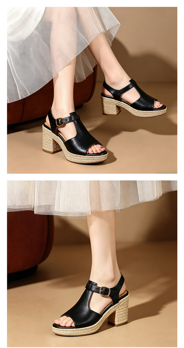 Sandal cao gót nữ hở mũi đế dày 8.5 cm quai chữ T phối đế cói vintage — đen chi tiết 6