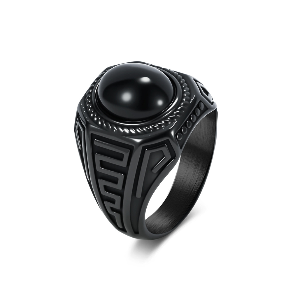 Herrenring aus Titanstahl im Retro-Stil mit schwarzem Edelstein, kunstvoll gestalteter, hochwertiger Zeigefingerring_voghion.com