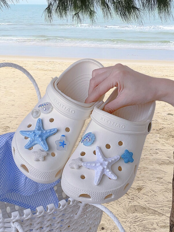 Blue Starfish Shell Seaside Vacation Beach Shoes Sandals Summer Ins Fairy Style Two-Wear Hole Shoes for Women