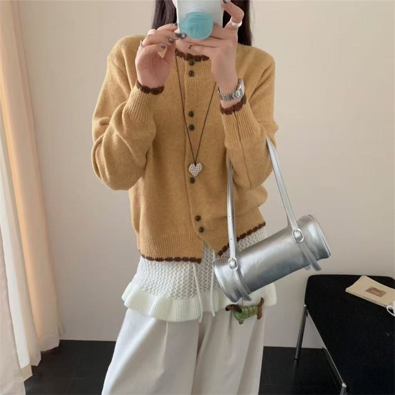 撞色温柔风休闲软糯花边针织开衫女秋季新款宽松气质长袖毛衣外套|undefined