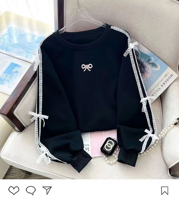 春秋季新款设计感蕾丝拼接蝴蝶结刺绣黑色卫衣女装韩版圆领显瘦潮|undefined