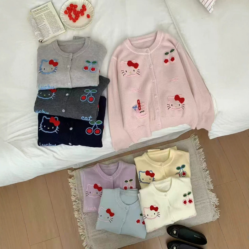 2026 early autumn European-style knitted cardigan with cat and cherry embroidery and three-dimensional floral design, loose-fitting sweater coat for women