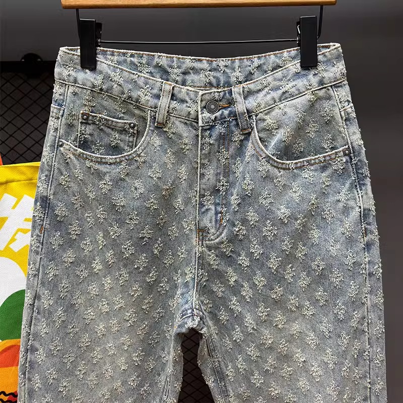 Men's Casual Loose Fit Blue Washed Denim Jeans With Retro Floral Embroidery - Straight Leg Comfortable Trousers For Everyday Wear_mkmklike.com