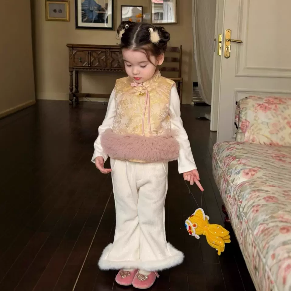 女童碎花旗袍裙冬季新款儿童唐装国风拜年服宝宝新中式夹棉马甲