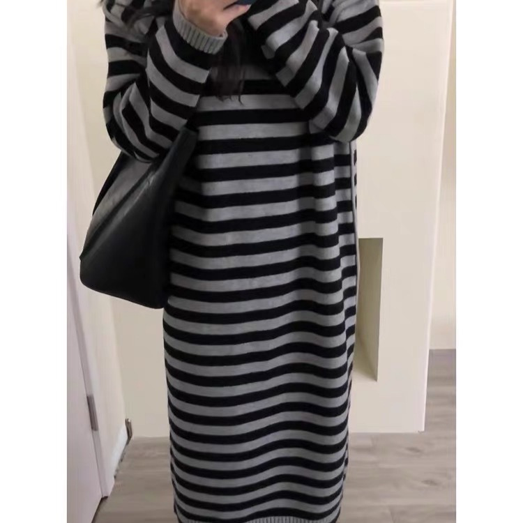 欧洲站秋冬2025新款女装长款过膝宽松条纹毛衣裙子针织连衣裙打底|undefined