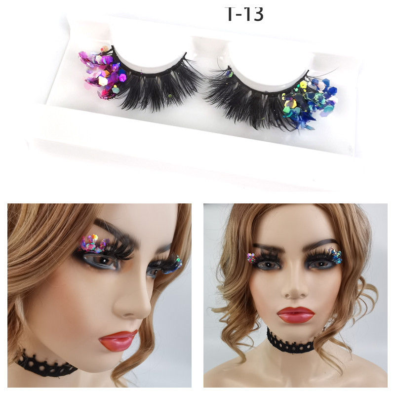 Color ojo de gato 3D pestañas postizas maquillaje de escenario natural cola de ojo brillo lentejuelas fluorescentes gruesas pestañas europeas y americanas exageradas